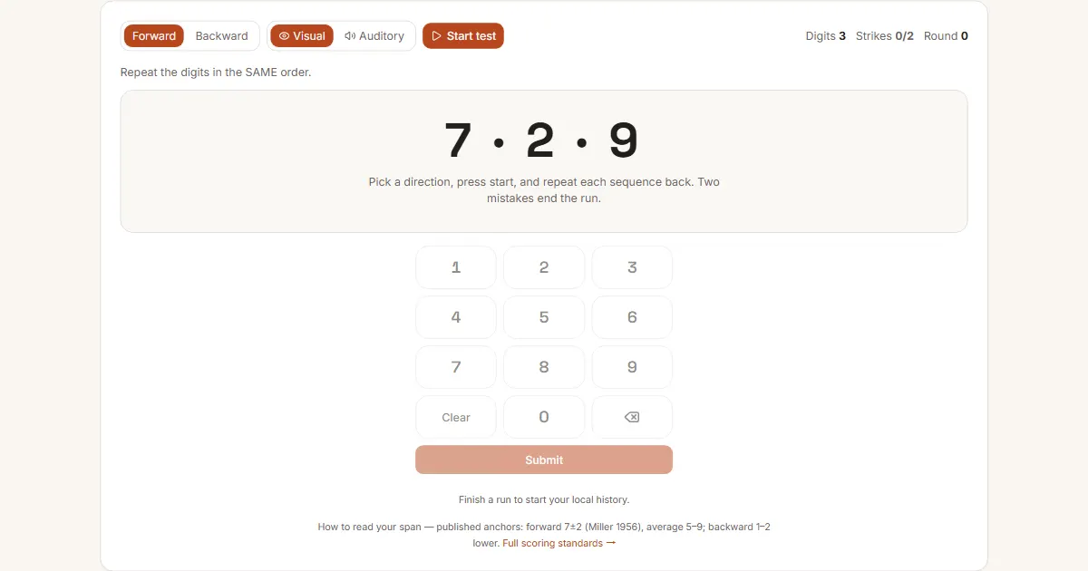Digit Span Test gameplay